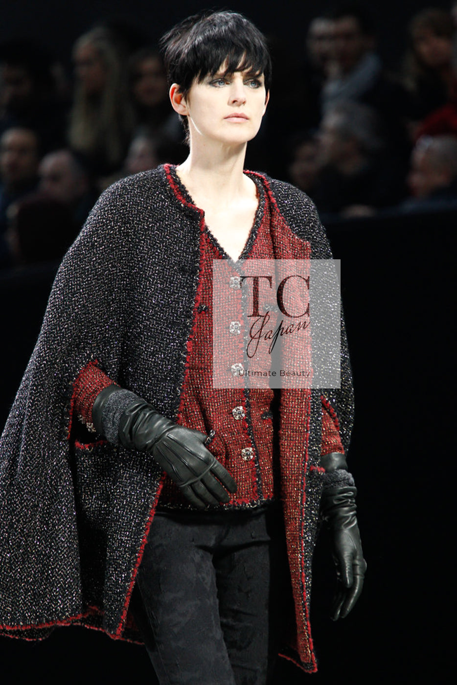 CHANEL Cape Coat Black Red Trim Metallic Tweed Poncho 38