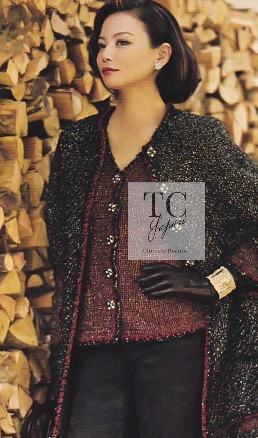 CHANEL Cape Coat Black Red Trim Metallic Tweed Poncho 38