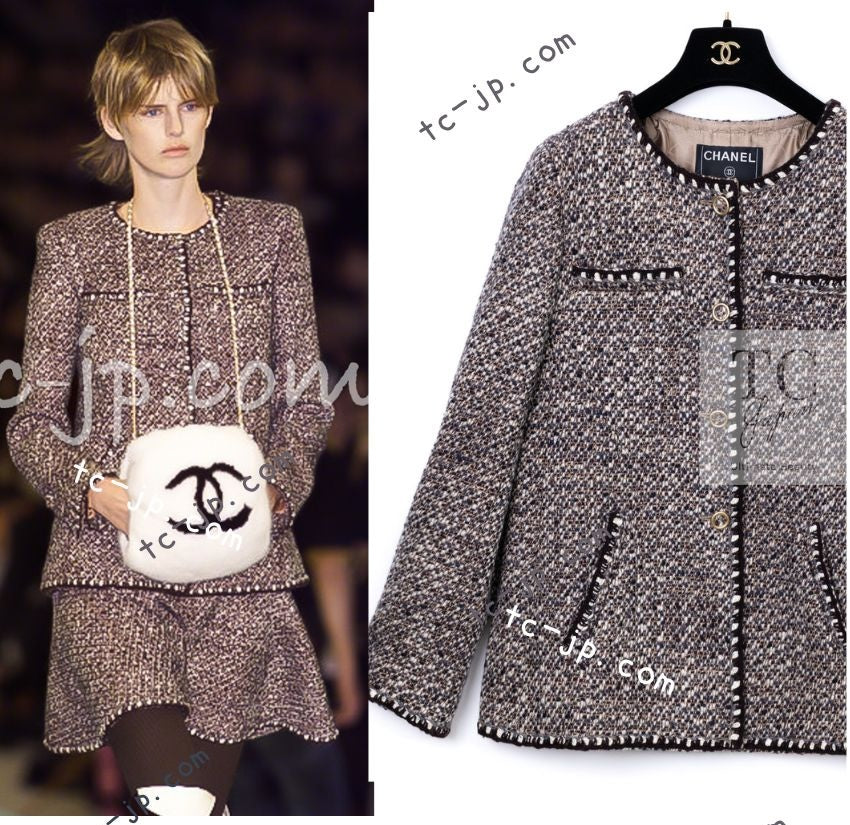 CHANEL 01A Vinatge Brown Collarless Wool Silk Tweed Coat Jacket 38 シャネル ヴィンテージ ブラウン ノーカラー ウール シルク ツイード コート ジャケット 即発