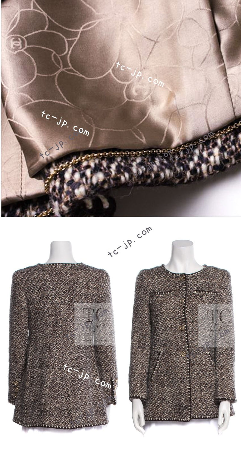 CHANEL 01A Vinatge Brown Collarless Wool Silk Tweed Coat Jacket 38 シャネル ヴィンテージ ブラウン ノーカラー ウール シルク ツイード コート ジャケット 即発