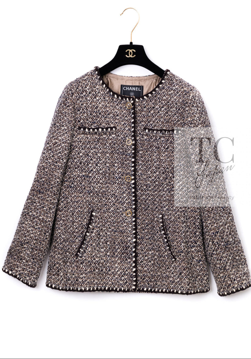 CHANEL 01A Vinatge Brown Collarless Wool Silk Tweed Coat Jacket 38 シャネル ヴィンテージ ブラウン ノーカラー ウール シルク ツイード コート ジャケット 即発