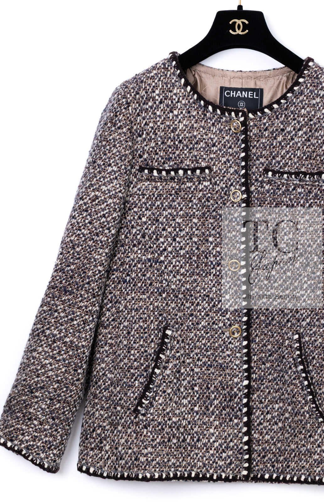 CHANEL 01A Vinatge Brown Collarless Wool Silk Tweed Coat Jacket 38 シャネル ヴィンテージ ブラウン ノーカラー ウール シルク ツイード コート ジャケット 即発