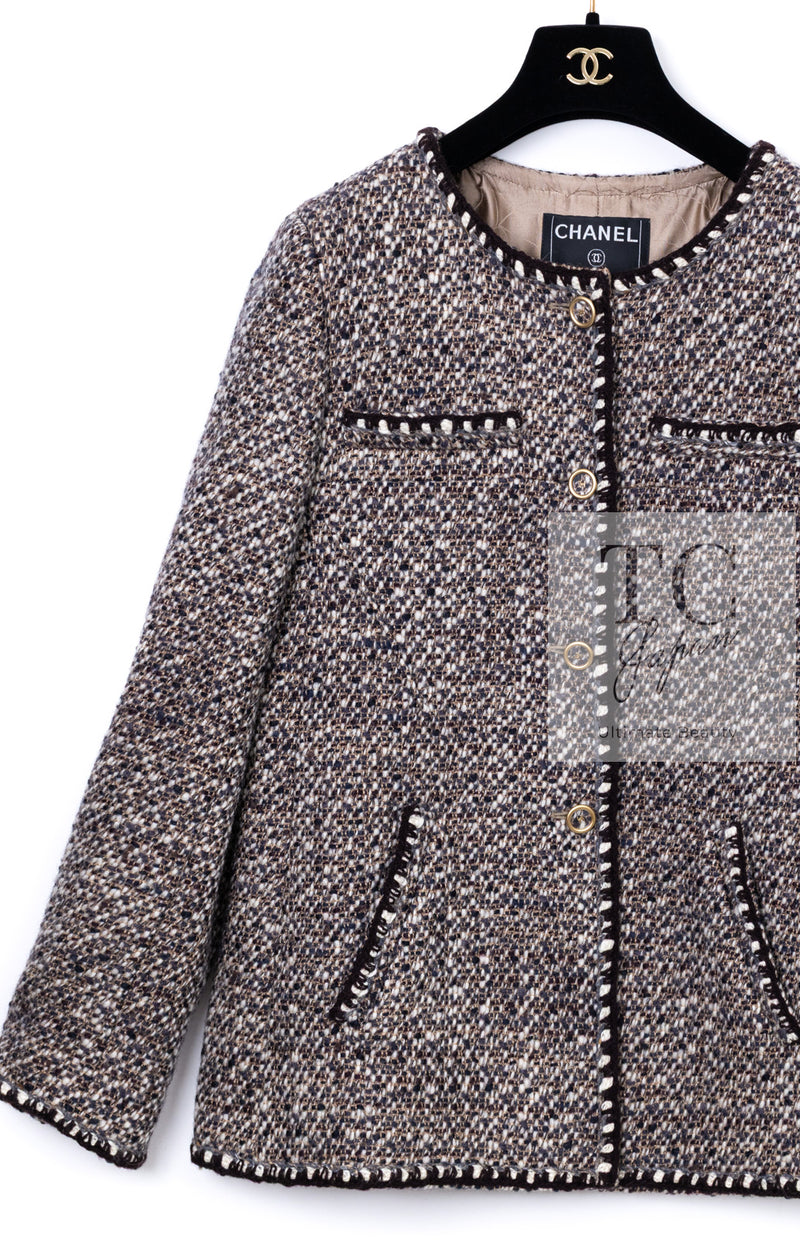 CHANEL 01A Vinatge Brown Collarless Wool Silk Tweed Coat Jacket 38 シャネル ヴィンテージ ブラウン ノーカラー ウール シルク ツイード コート ジャケット 即発