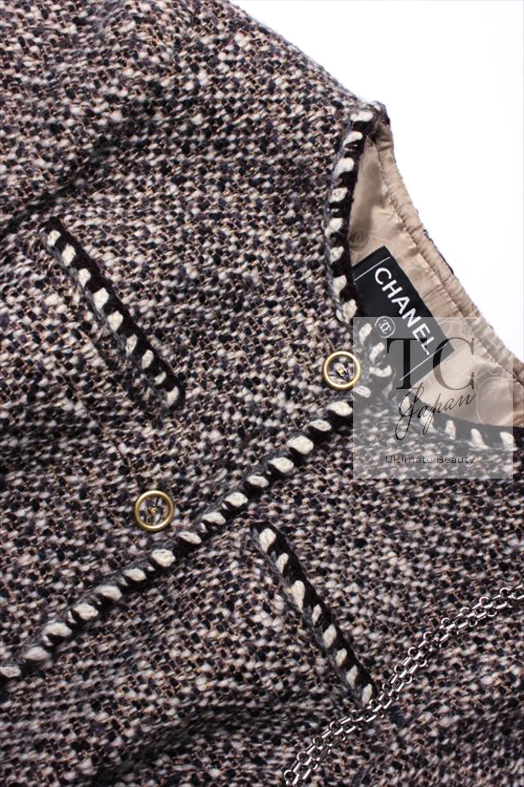 CHANEL 01A Vinatge Brown Collarless Wool Silk Tweed Coat Jacket 38 シャネル ヴィンテージ ブラウン ノーカラー ウール シルク ツイード コート ジャケット 即発