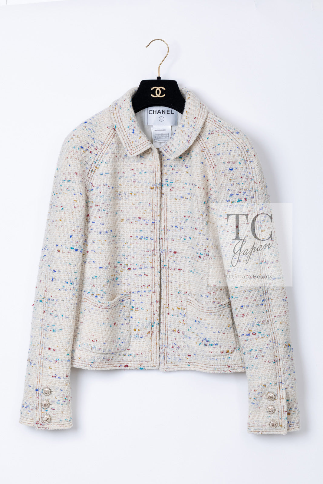 CHANEL 03C Ivory Blue Mix Wool Tweed Jacket 34 36 シャネル アイボリー ブルー ミックス ツイード ジャケット 即発