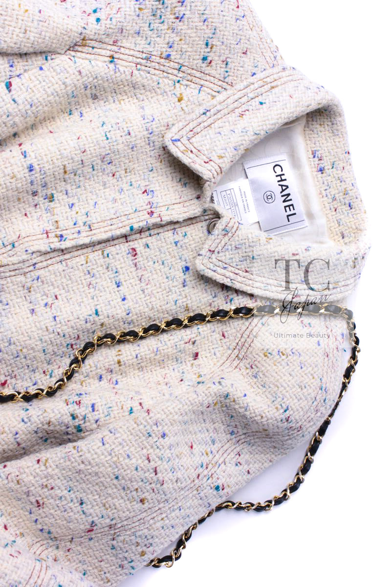 CHANEL 03C Ivory Blue Mix Wool Tweed Jacket 34 36 シャネル アイボリー ブルー ミックス ツイード ジャケット 即発