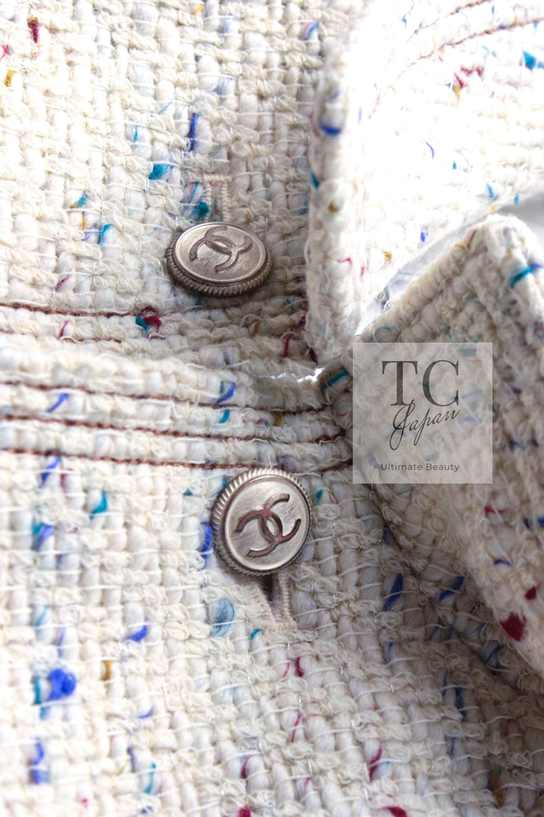 CHANEL 03C Ivory Blue Mix Wool Tweed Jacket 34 36 シャネル アイボリー ブルー ミックス ツイード ジャケット 即発