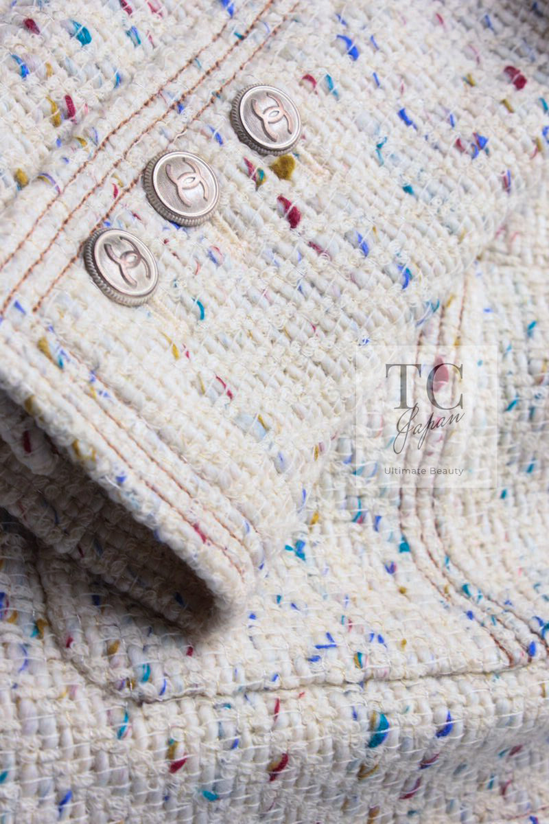 CHANEL 03C Ivory Blue Mix Wool Tweed Jacket 34 36 シャネル アイボリー ブルー ミックス ツイード ジャケット 即発