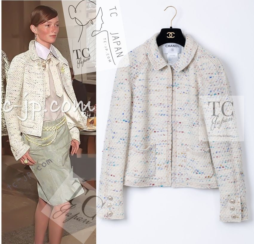 CHANEL 03C Ivory Blue Mix Wool Tweed Jacket 34 36 シャネル アイボリー ブルー ミックス ツイード ジャケット 即発