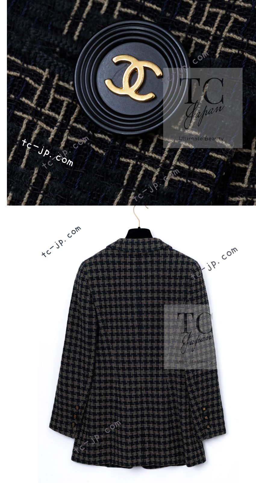 CHANEL 95A Vintage Black Beige Check Wool Tape Ribbon Tweed Jacket CC Button 36 38 シャネル ヴィンテージ ブラック ベージュ チェック 千鳥格子 柄 ウール テープ リボン ツイード ジャケット CCボタン 即発