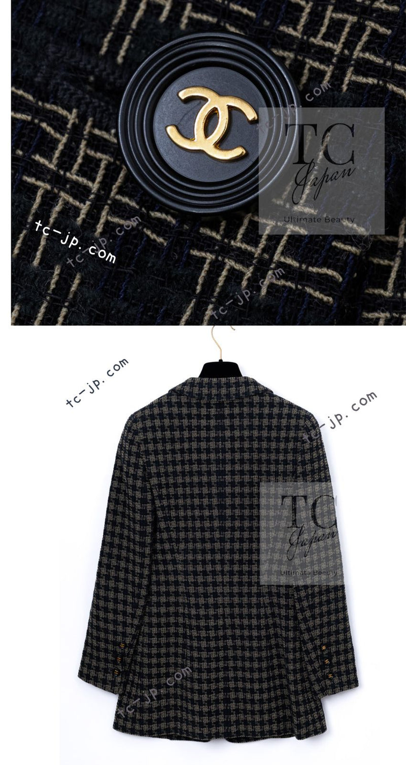 CHANEL 95A Vintage Black Beige Check Wool Tape Ribbon Tweed Jacket CC Button 36 38 シャネル ヴィンテージ ブラック ベージュ チェック 千鳥格子 柄 ウール テープ リボン ツイード ジャケット CCボタン 即発