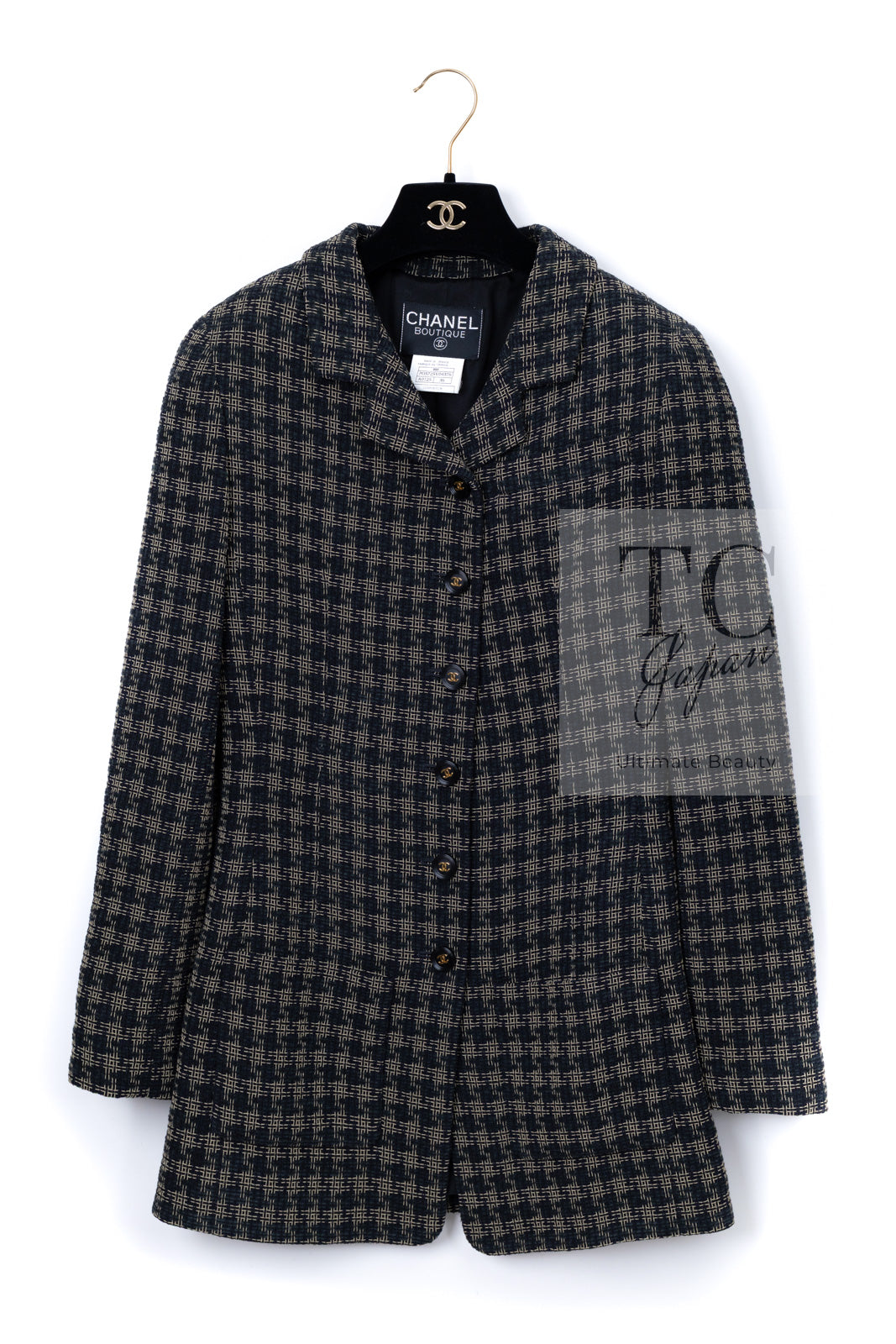 CHANEL 95A Vintage Black Beige Check Wool Tape Ribbon Tweed Jacket CC Button 36 38 シャネル ヴィンテージ ブラック ベージュ チェック 千鳥格子 柄 ウール テープ リボン ツイード ジャケット CCボタン 即発