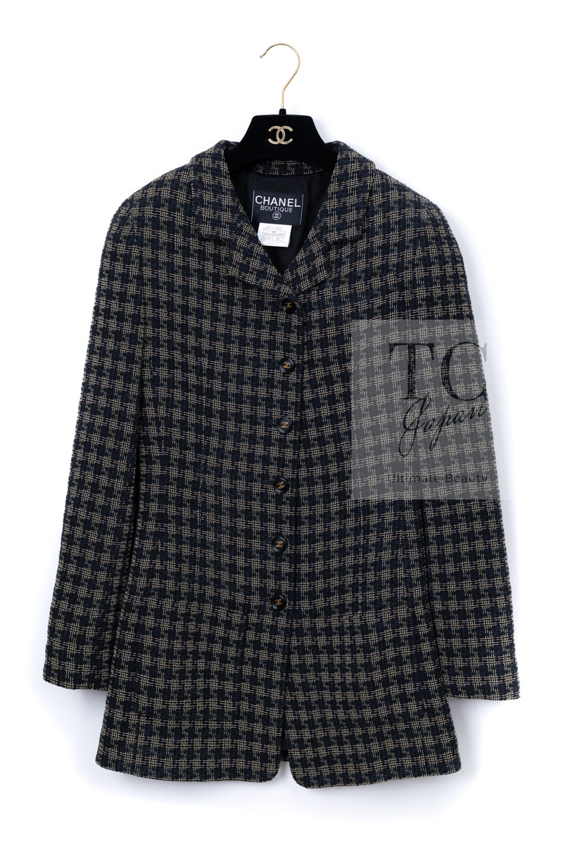 CHANEL 95A Vintage Black Beige Check Wool Tape Ribbon Tweed Jacket CC Button 36 38 シャネル ヴィンテージ ブラック ベージュ チェック 千鳥格子 柄 ウール テープ リボン ツイード ジャケット CCボタン 即発