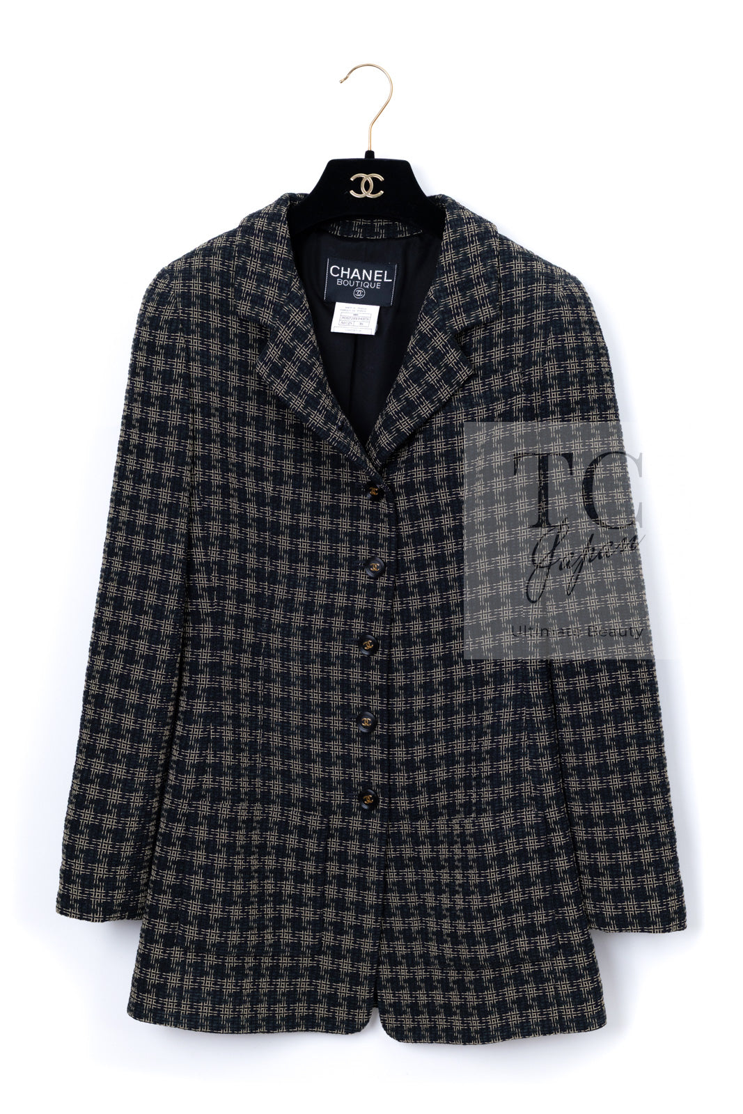 CHANEL 95A Vintage Black Beige Check Wool Tape Ribbon Tweed Jacket CC Button 36 38 シャネル ヴィンテージ ブラック ベージュ チェック 千鳥格子 柄 ウール テープ リボン ツイード ジャケット CCボタン 即発