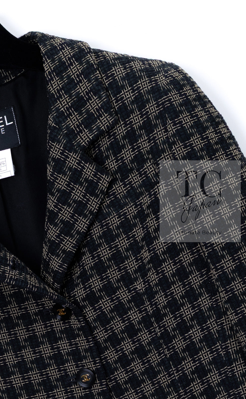 CHANEL 95A Vintage Black Beige Check Wool Tape Ribbon Tweed Jacket CC Button 36 38 シャネル ヴィンテージ ブラック ベージュ チェック 千鳥格子 柄 ウール テープ リボン ツイード ジャケット CCボタン 即発