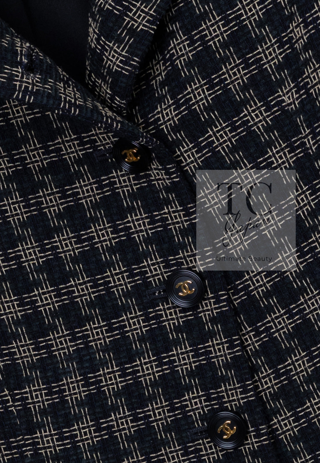 CHANEL 95A Vintage Black Beige Check Wool Tape Ribbon Tweed Jacket CC Button 36 38 シャネル ヴィンテージ ブラック ベージュ チェック 千鳥格子 柄 ウール テープ リボン ツイード ジャケット CCボタン 即発