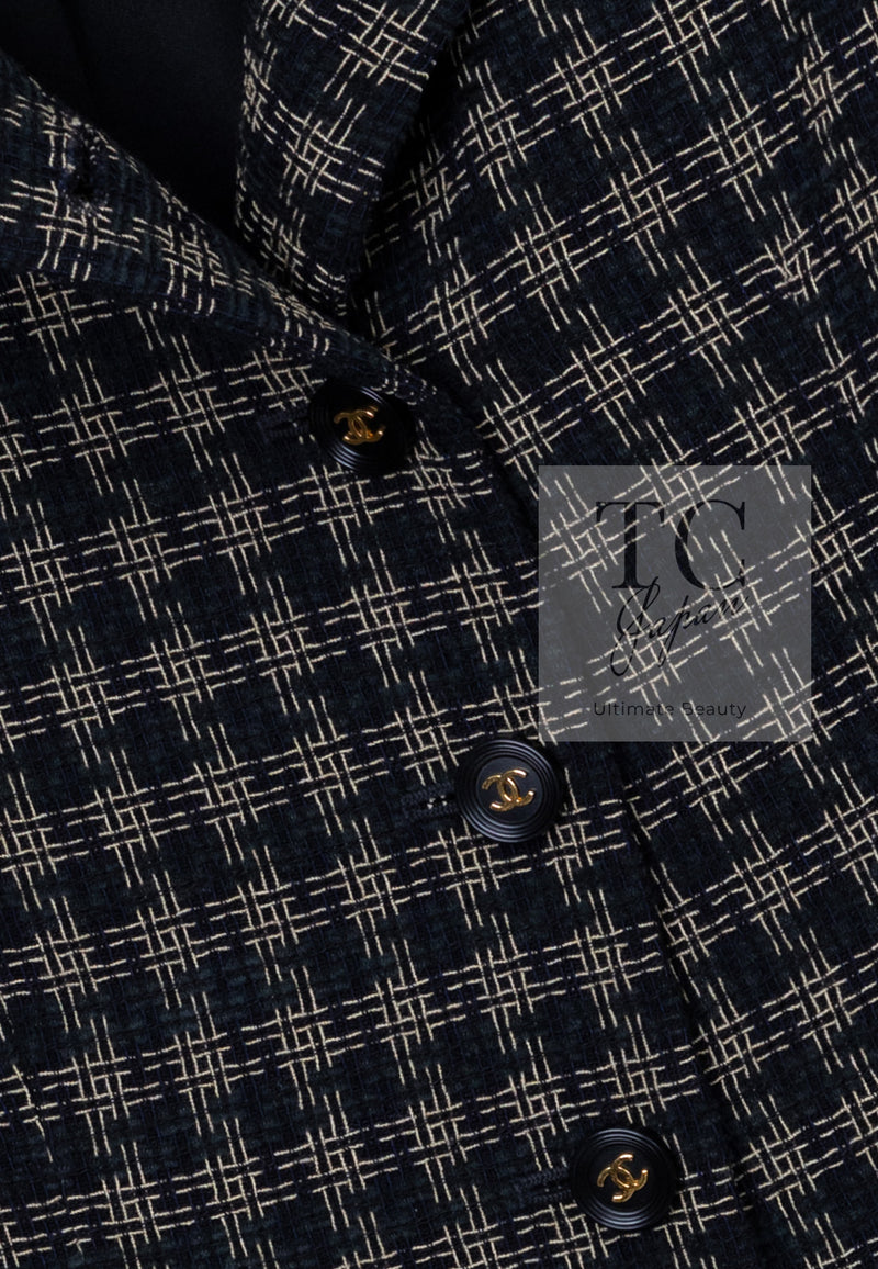 CHANEL 95A Vintage Black Beige Check Wool Tape Ribbon Tweed Jacket CC Button 36 38 シャネル ヴィンテージ ブラック ベージュ チェック 千鳥格子 柄 ウール テープ リボン ツイード ジャケット CCボタン 即発