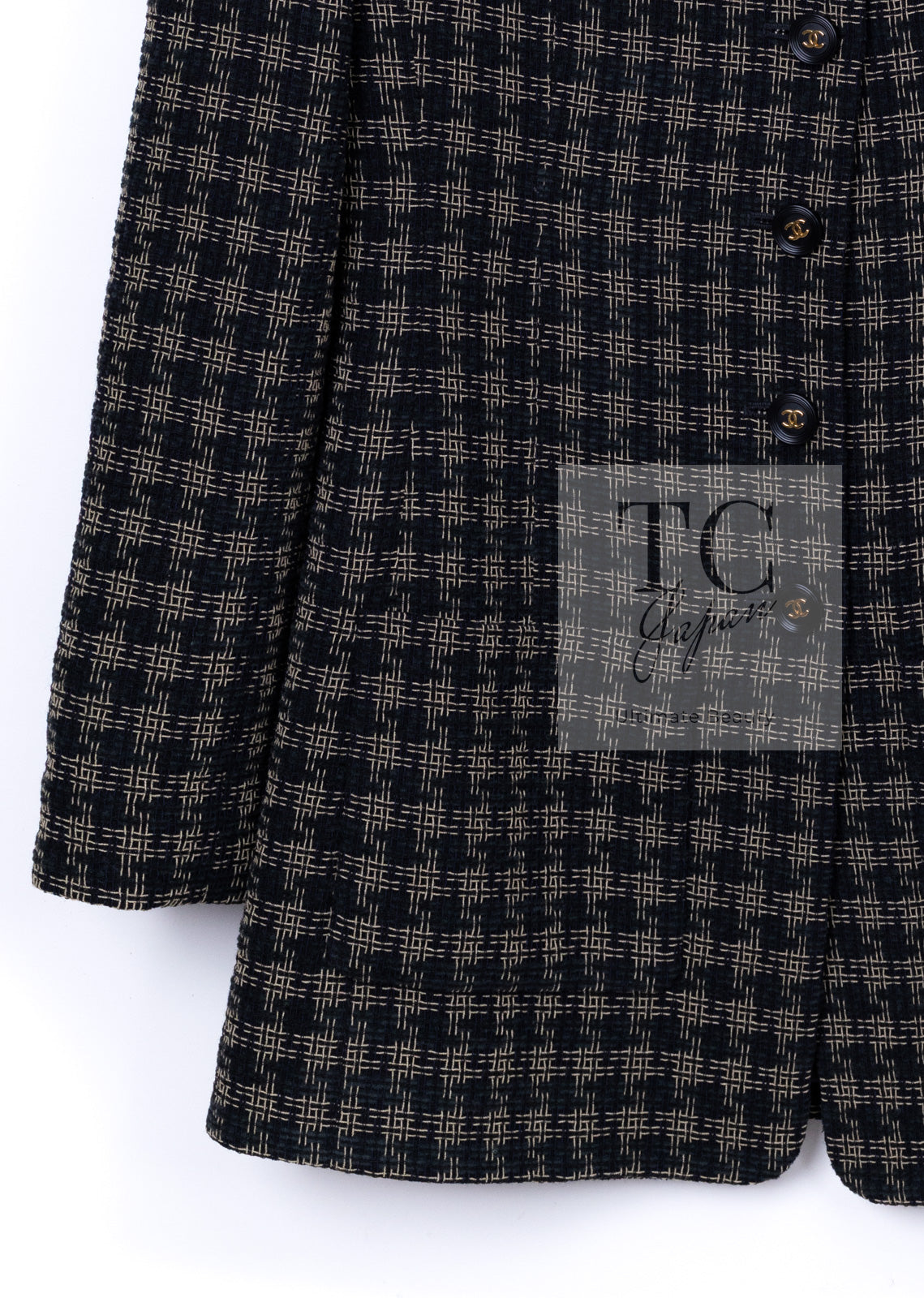 CHANEL 95A Vintage Black Beige Check Wool Tape Ribbon Tweed Jacket CC Button 36 38 シャネル ヴィンテージ ブラック ベージュ チェック 千鳥格子 柄 ウール テープ リボン ツイード ジャケット CCボタン 即発