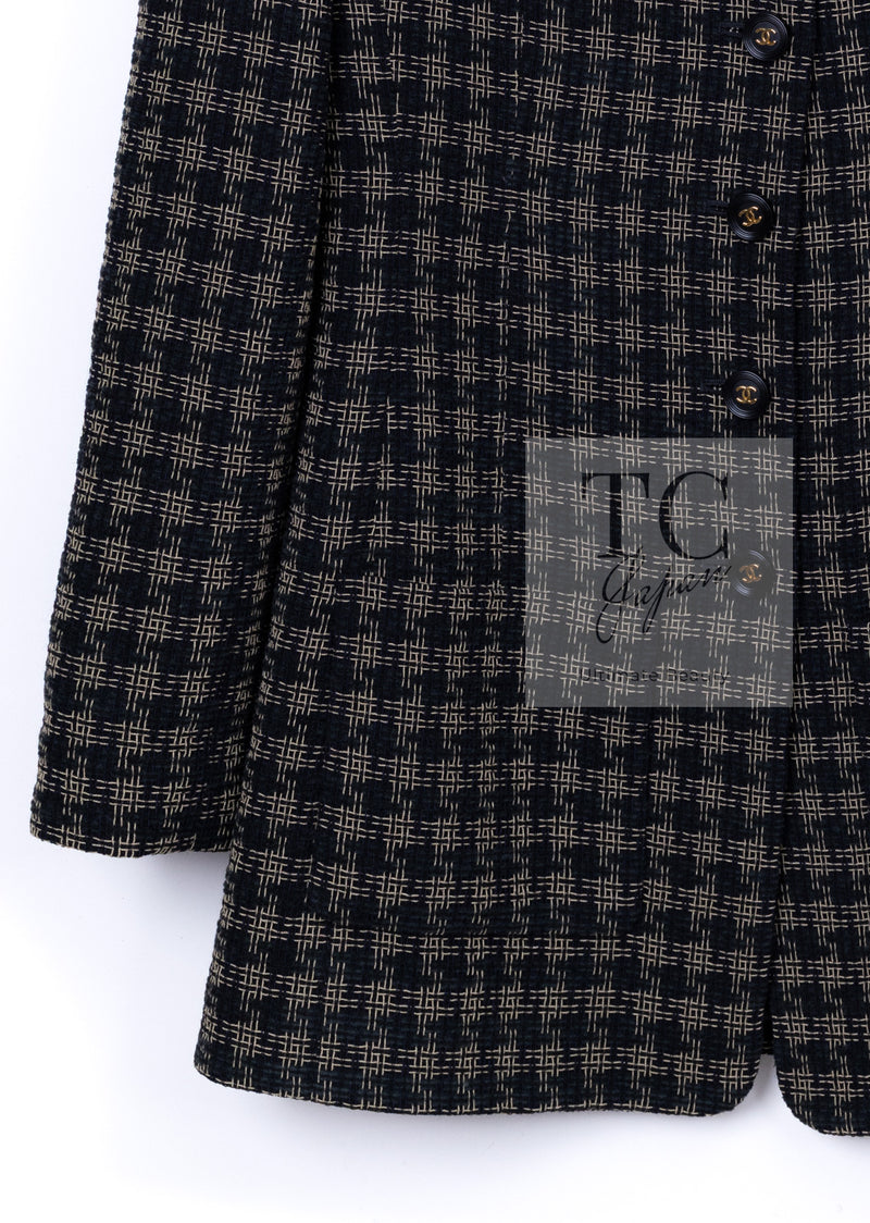CHANEL 95A Vintage Black Beige Check Wool Tape Ribbon Tweed Jacket CC Button 36 38 シャネル ヴィンテージ ブラック ベージュ チェック 千鳥格子 柄 ウール テープ リボン ツイード ジャケット CCボタン 即発