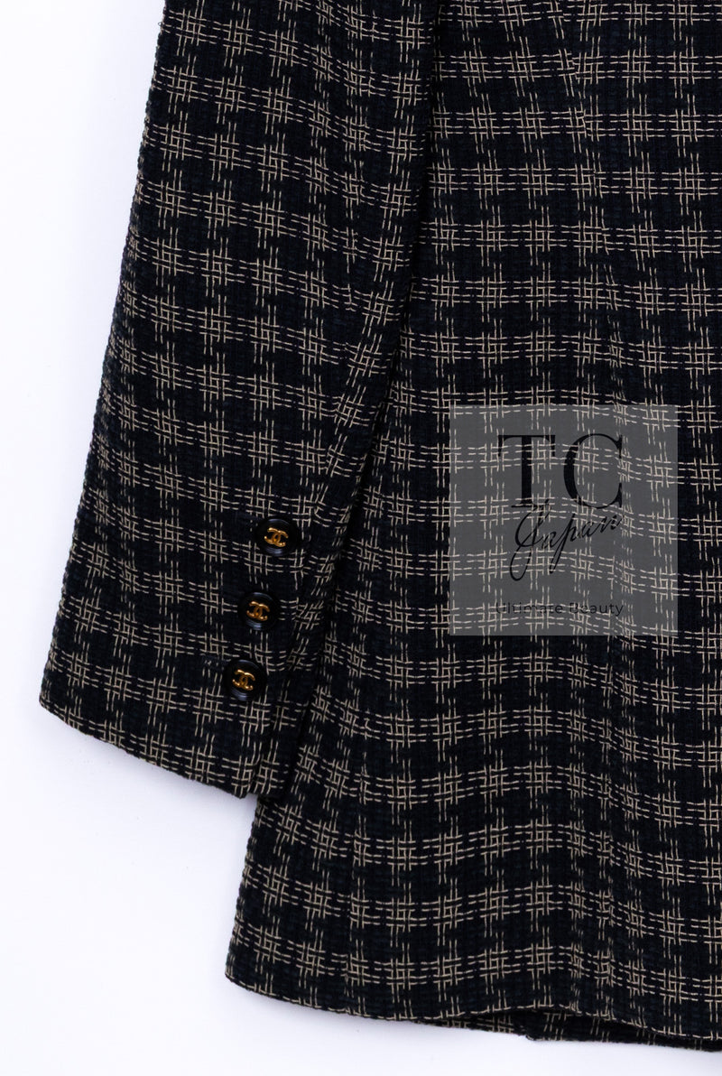 CHANEL 95A Vintage Black Beige Check Wool Tape Ribbon Tweed Jacket CC Button 36 38 シャネル ヴィンテージ ブラック ベージュ チェック 千鳥格子 柄 ウール テープ リボン ツイード ジャケット CCボタン 即発
