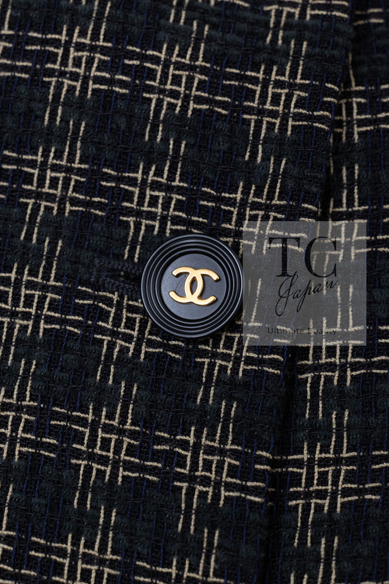 CHANEL 95A Vintage Black Beige Check Wool Tape Ribbon Tweed Jacket CC Button 36 38 シャネル ヴィンテージ ブラック ベージュ チェック 千鳥格子 柄 ウール テープ リボン ツイード ジャケット CCボタン 即発