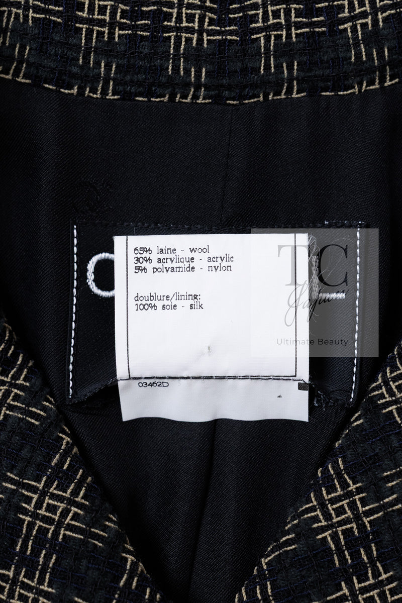 CHANEL 95A Vintage Black Beige Check Wool Tape Ribbon Tweed Jacket CC Button 36 38 シャネル ヴィンテージ ブラック ベージュ チェック 千鳥格子 柄 ウール テープ リボン ツイード ジャケット CCボタン 即発