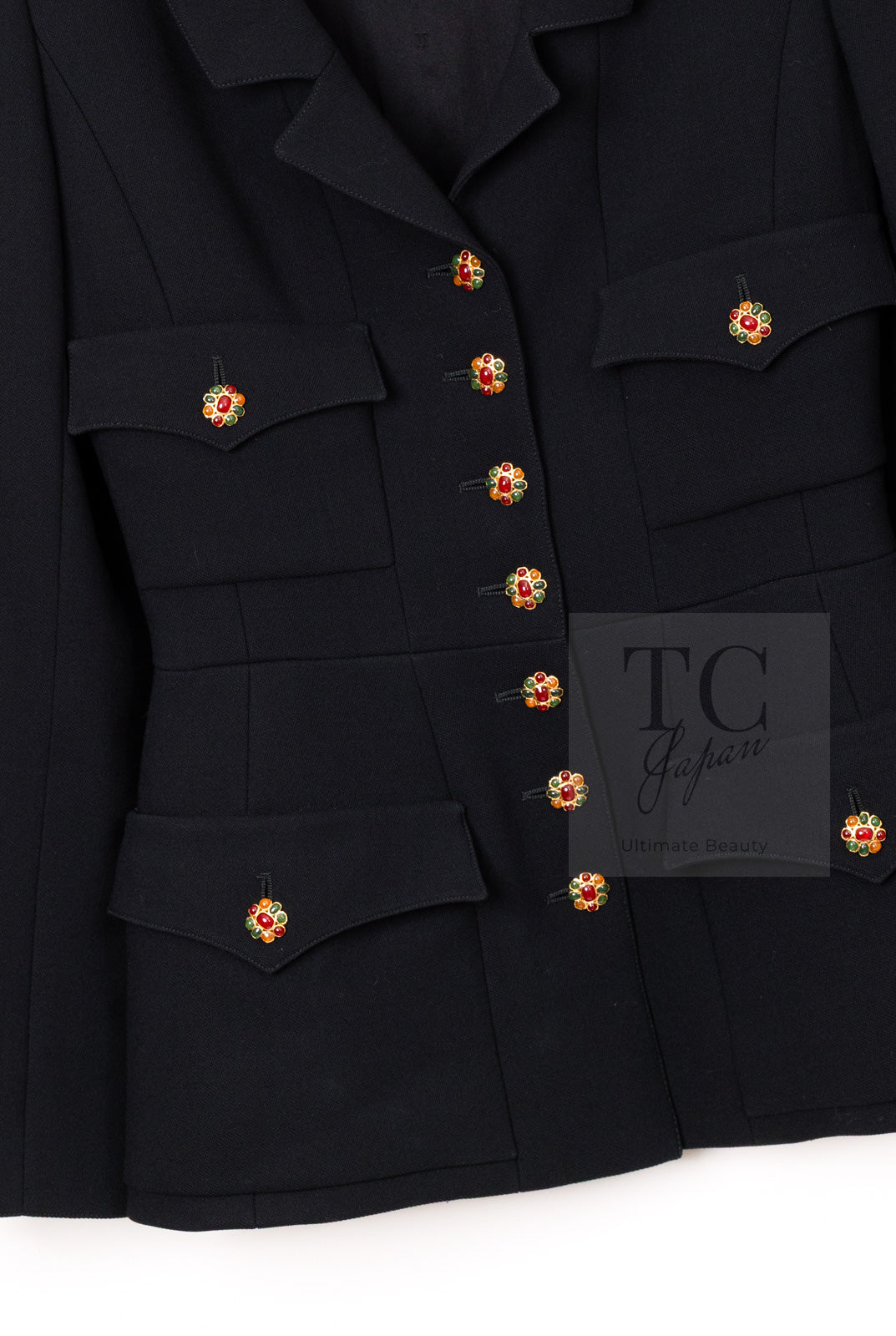 CHANEL 96A Vintage Black Wool Gripoix Jewelry Botton Jacket 34 36 シャネル ヴィンテージ ブラック ウール グリポワ 宝石 ボタン ジャケット 即発