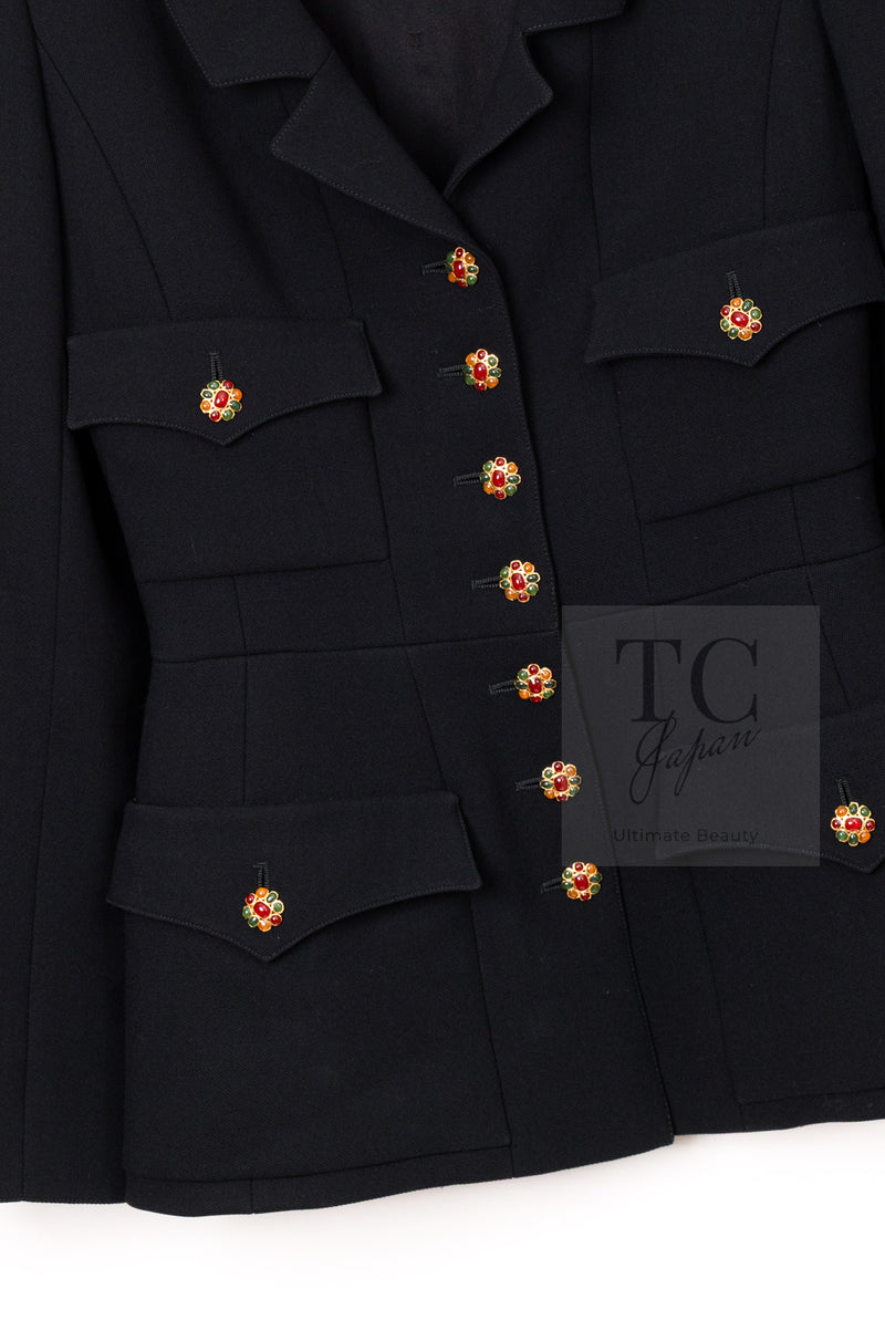 CHANEL 96A Vintage Black Wool Gripoix Jewelry Botton Jacket 34 36 シャネル ヴィンテージ ブラック ウール グリポワ 宝石 ボタン ジャケット 即発