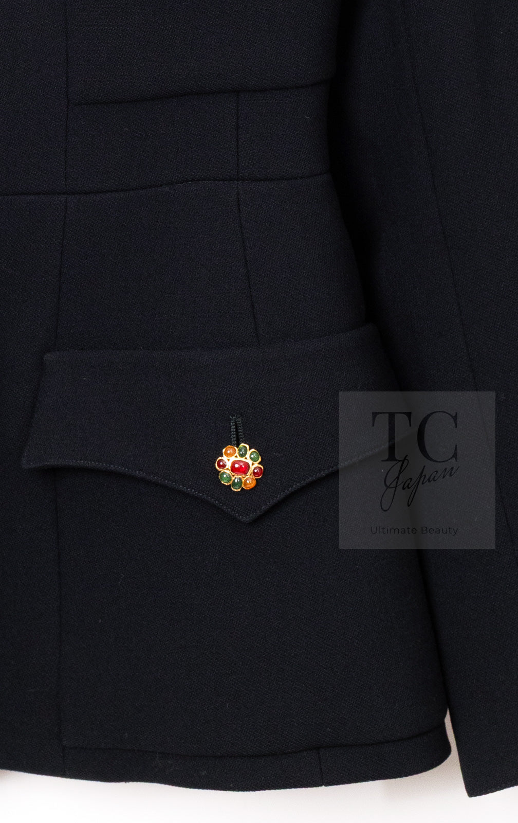 CHANEL 96A Vintage Black Wool Gripoix Jewelry Botton Jacket 34 36 シャネル ヴィンテージ ブラック ウール グリポワ 宝石 ボタン ジャケット 即発