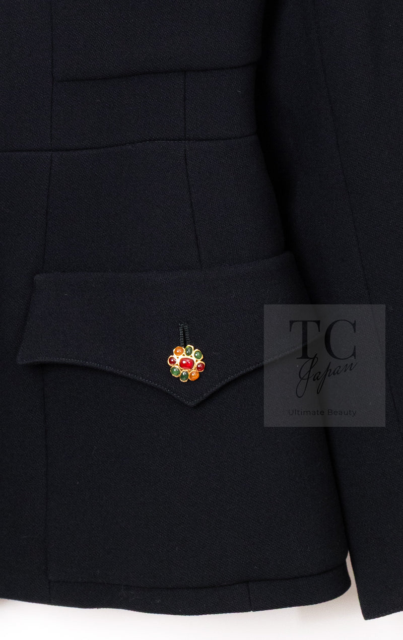 CHANEL 96A Vintage Black Wool Gripoix Jewelry Botton Jacket 34 36 シャネル ヴィンテージ ブラック ウール グリポワ 宝石 ボタン ジャケット 即発