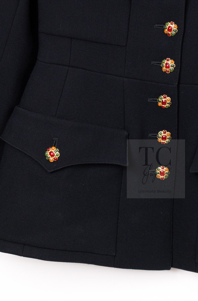 CHANEL 96A Vintage Black Wool Gripoix Jewelry Botton Jacket 34 36 シャネル ヴィンテージ ブラック ウール グリポワ 宝石 ボタン ジャケット 即発