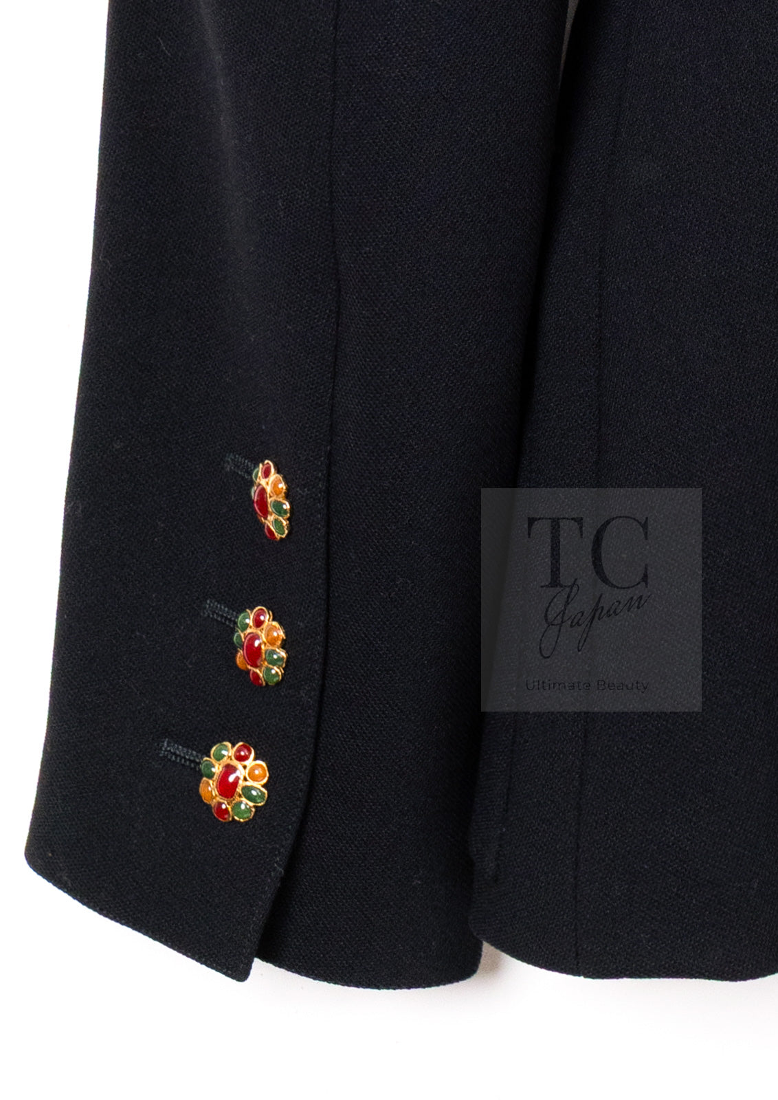 CHANEL 96A Vintage Black Wool Gripoix Jewelry Botton Jacket 34 36 シャネル ヴィンテージ ブラック ウール グリポワ 宝石 ボタン ジャケット 即発