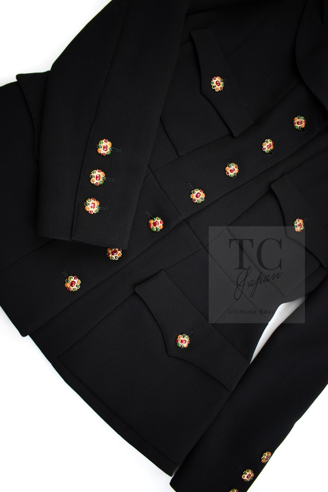 CHANEL 96A Vintage Black Wool Gripoix Jewelry Botton Jacket 34 36 シャネル ヴィンテージ ブラック ウール グリポワ 宝石 ボタン ジャケット 即発