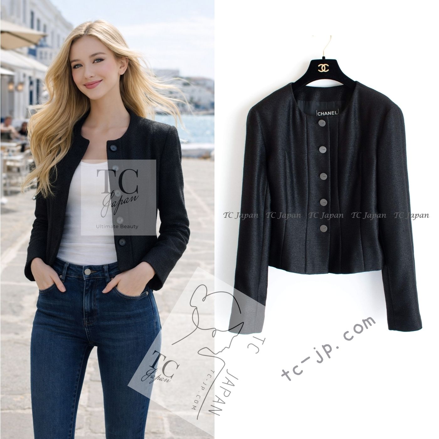 CHANEL 99A Vintage Black Cropped Collarless Jacket 38 40 シャネル ヴィンテージ ブラック ウール混合 ノーカラー ジャケット 即発