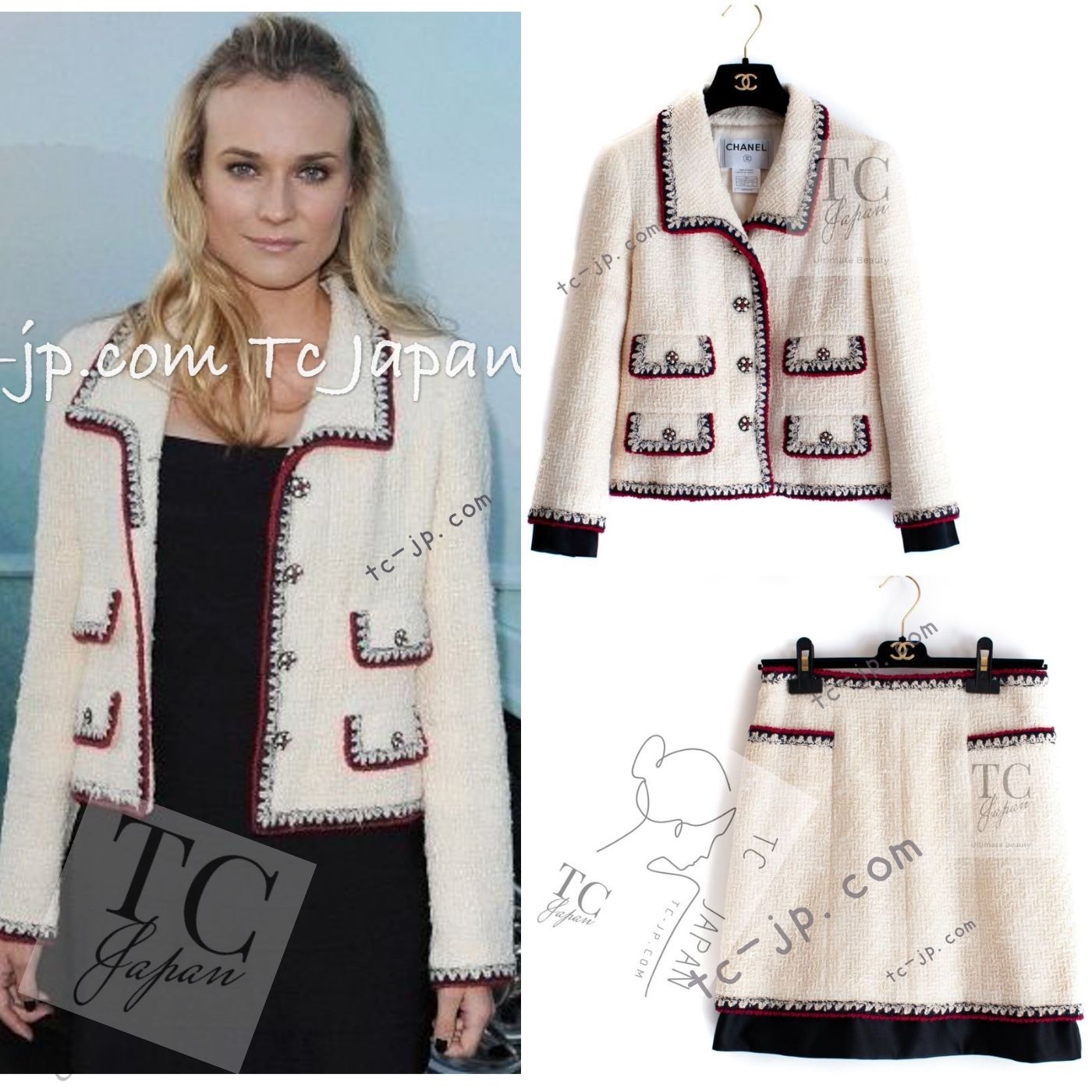 CHANEL 06PF Limited Cream Ivory Trim Wool Silk Tweed Jacket Skirt Suit 36 38 シャネル クリーム ブラック レッド ウール シルク ツイード ジャケット スカート スーツ 即発