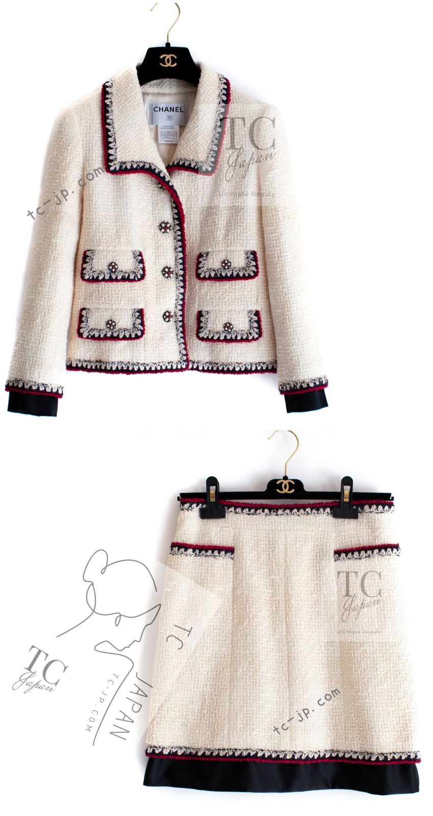 CHANEL 06PF Limited Cream Ivory Trim Wool Silk Tweed Jacket Skirt Suit 36 38 シャネル クリーム ブラック レッド ウール シルク ツイード ジャケット スカート スーツ 即発 - TC JAPAN
