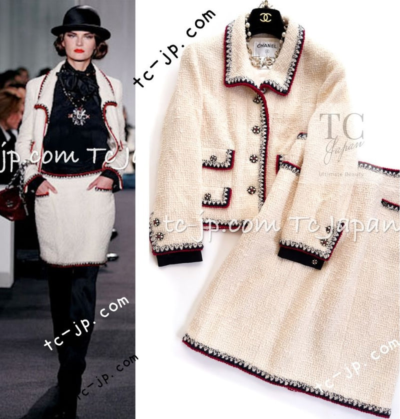 CHANEL 06PF Limited Cream Ivory Trim Wool Silk Tweed Jacket Skirt Suit 34 38 シャネル クリーム アイボリー ウール シルク ツイード ジャケット スカート スーツ 即発