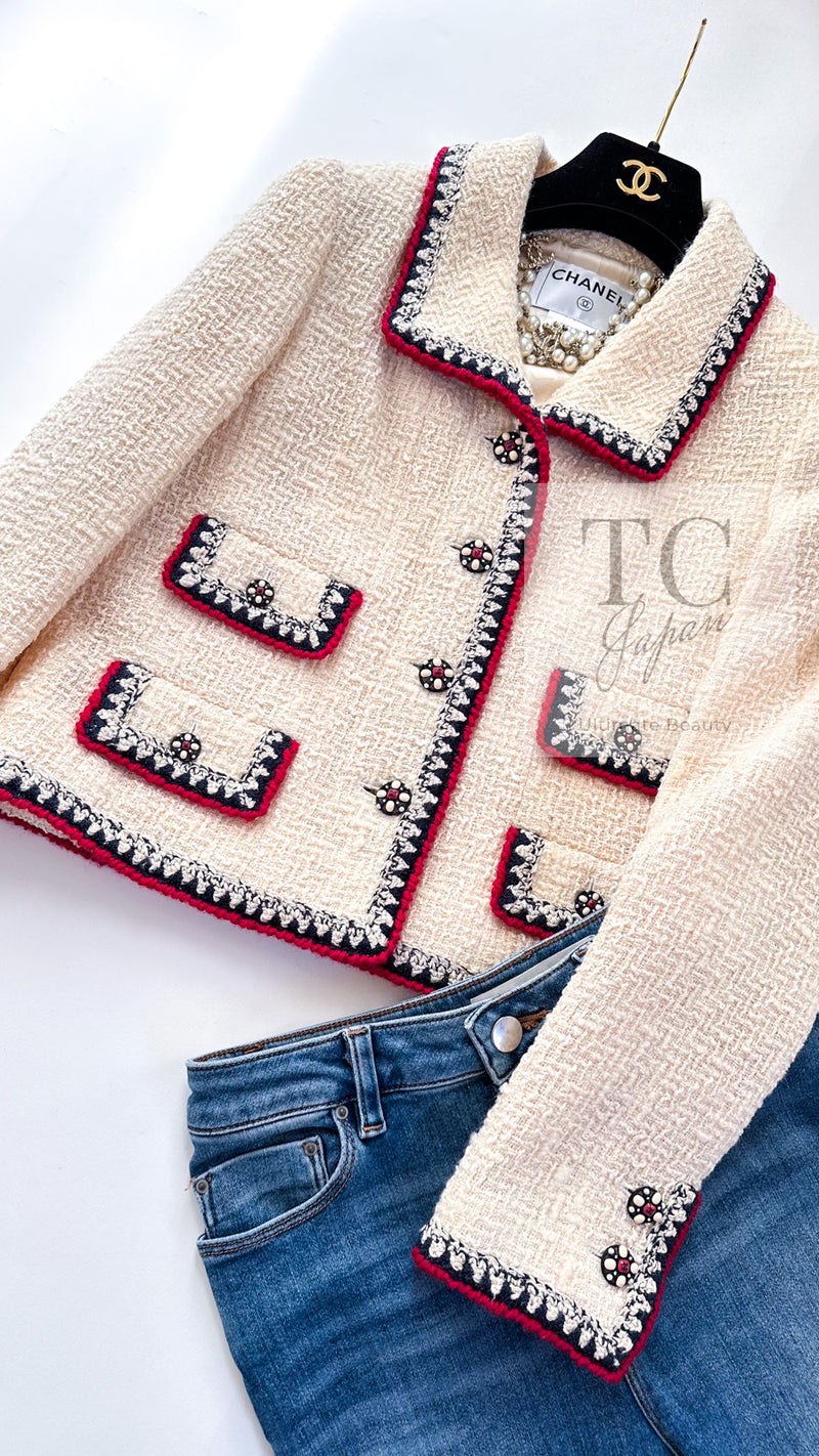 CHANEL 06PF Limited Cream Ivory Trim Wool Silk Tweed Jacket Skirt Suit 36 38 シャネル クリーム ブラック レッド ウール シルク ツイード ジャケット スカート スーツ 即発