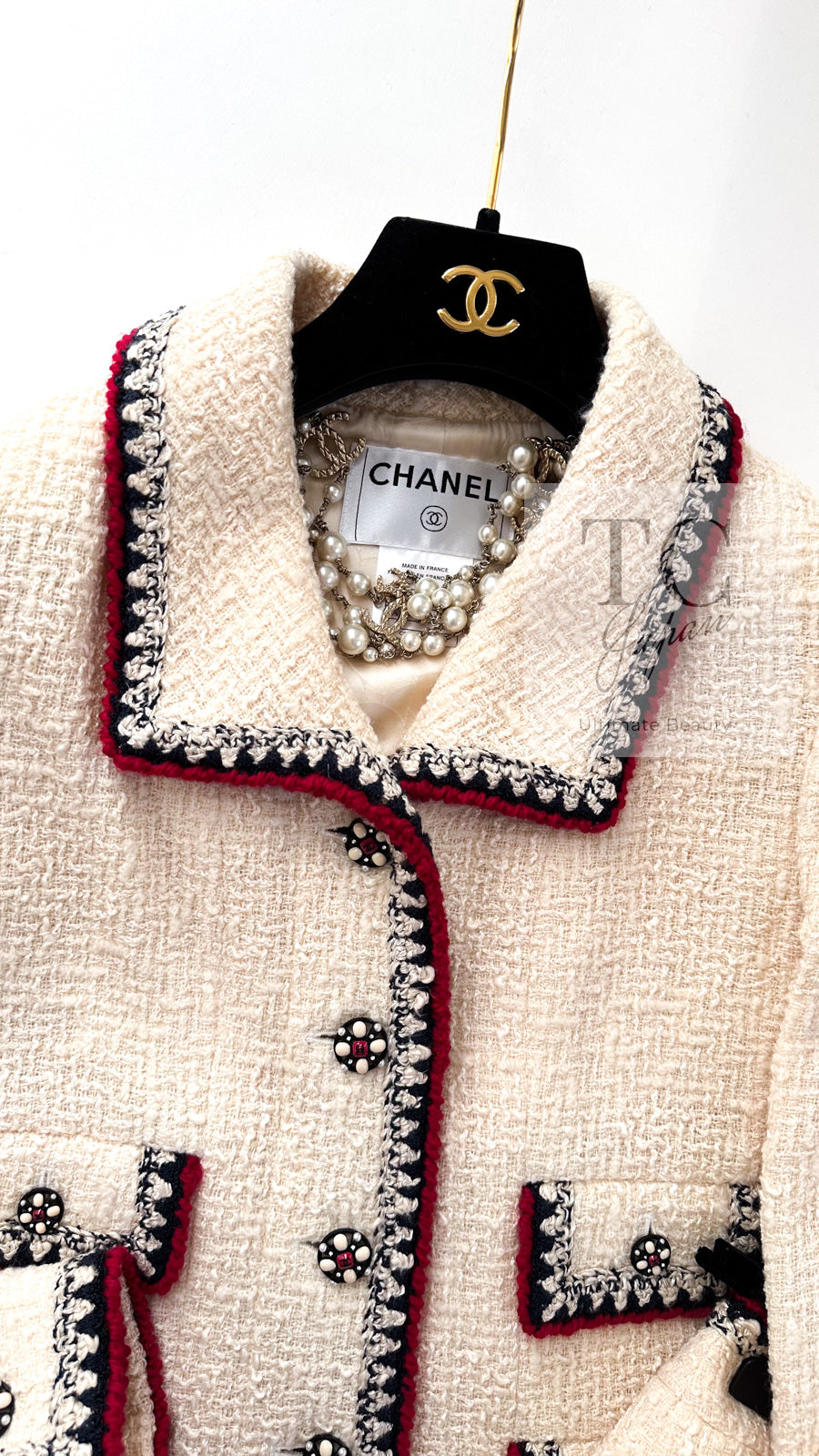 CHANEL 06PF Limited Cream Ivory Trim Wool Silk Tweed Jacket Skirt Suit 36 38 シャネル クリーム ブラック レッド ウール シルク ツイード ジャケット スカート スーツ 即発