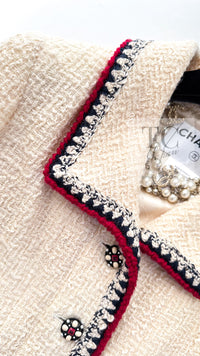 CHANEL 06PF Limited Cream Ivory Trim Wool Silk Tweed Jacket Skirt Suit 36 38 シャネル クリーム ブラック レッド ウール シルク ツイード ジャケット スカート スーツ 即発