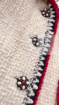 CHANEL 06PF Limited Cream Ivory Trim Wool Silk Tweed Jacket Skirt Suit 36 38 シャネル クリーム ブラック レッド ウール シルク ツイード ジャケット スカート スーツ 即発