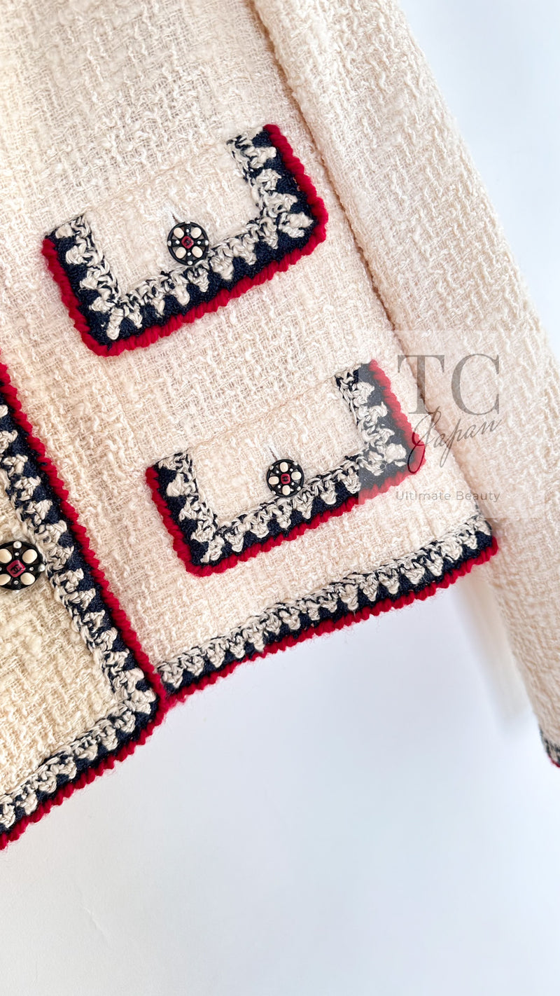CHANEL 06PF Limited Cream Ivory Trim Wool Silk Tweed Jacket Skirt Suit 36 38 シャネル クリーム ブラック レッド ウール シルク ツイード ジャケット スカート スーツ 即発