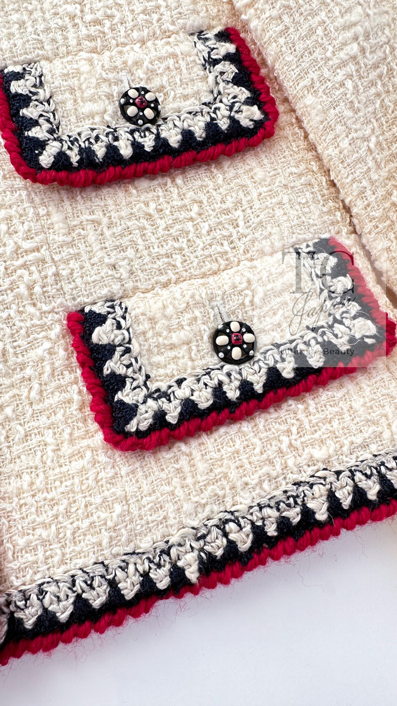 CHANEL 06PF Limited Cream Ivory Trim Wool Silk Tweed Jacket Skirt Suit 36 38 シャネル クリーム ブラック レッド ウール シルク ツイード ジャケット スカート スーツ 即発