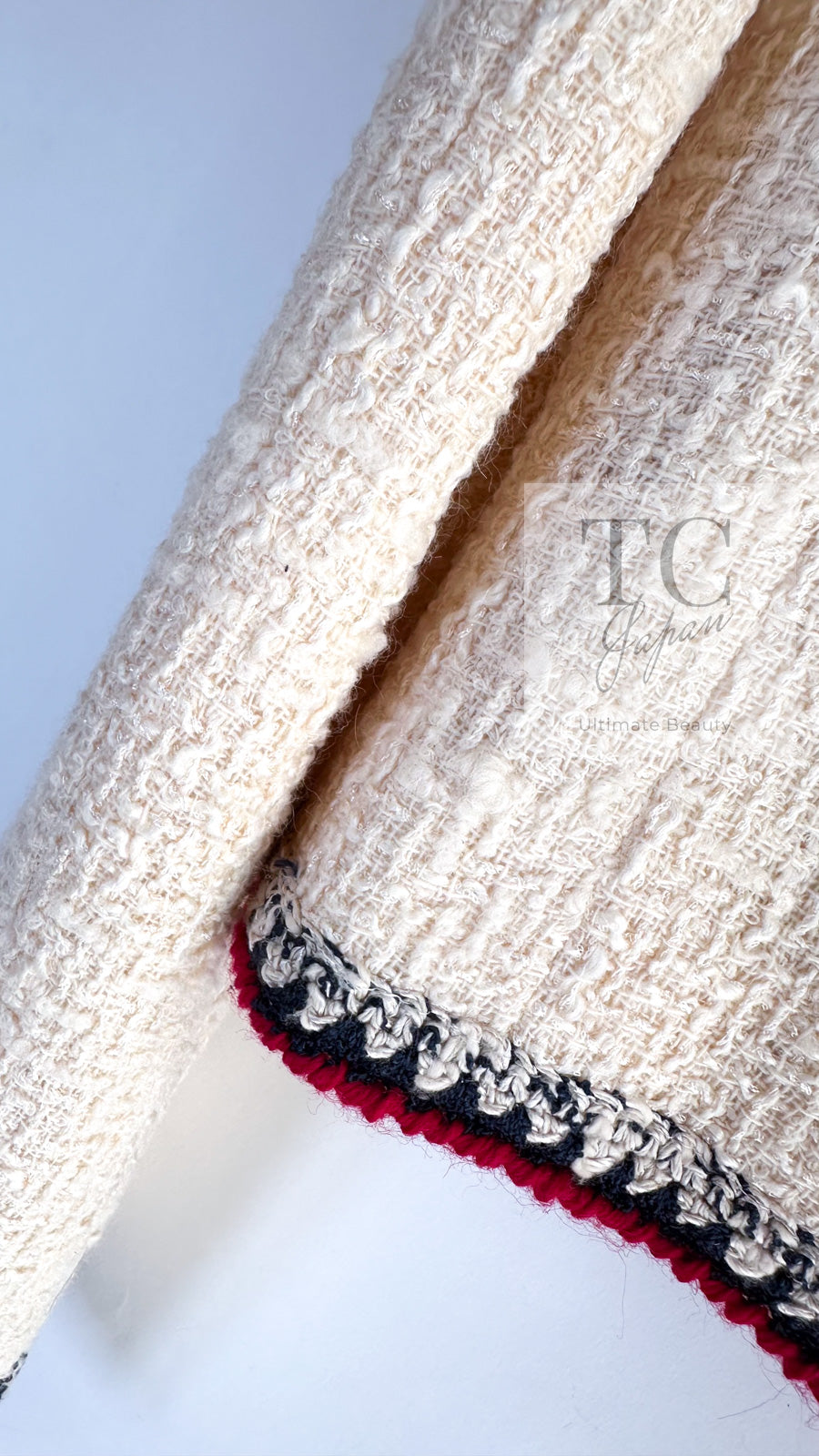 CHANEL 06PF Limited Cream Ivory Trim Wool Silk Tweed Jacket Skirt Suit 36 38 シャネル クリーム ブラック レッド ウール シルク ツイード ジャケット スカート スーツ 即発