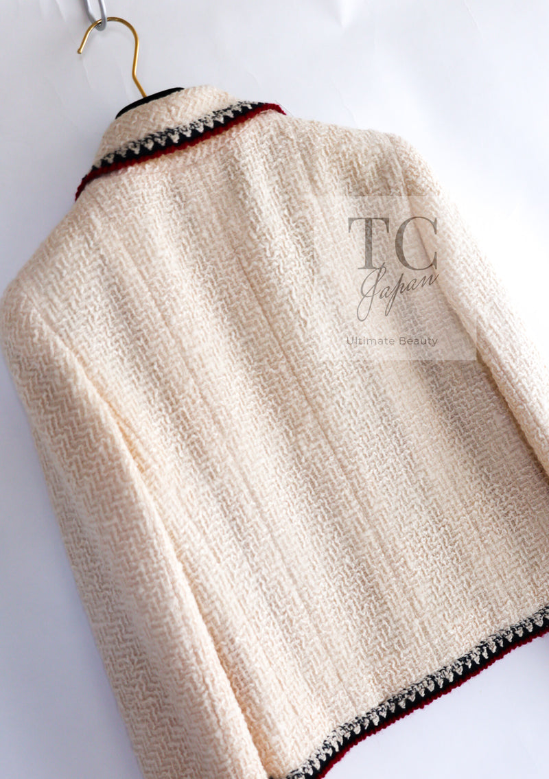 CHANEL 06PF Limited Cream Ivory Trim Wool Silk Tweed Jacket Skirt Suit 36 38 シャネル クリーム ブラック レッド ウール シルク ツイード ジャケット スカート スーツ 即発