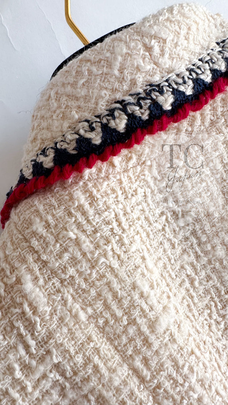 CHANEL 06PF Limited Cream Ivory Trim Wool Silk Tweed Jacket Skirt Suit 36 38 シャネル クリーム ブラック レッド ウール シルク ツイード ジャケット スカート スーツ 即発