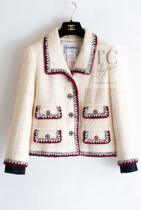 CHANEL 06PF Limited Cream Ivory Trim Wool Silk Tweed Jacket Skirt Suit 36 38 シャネル クリーム ブラック レッド ウール シルク ツイード ジャケット スカート スーツ 即発