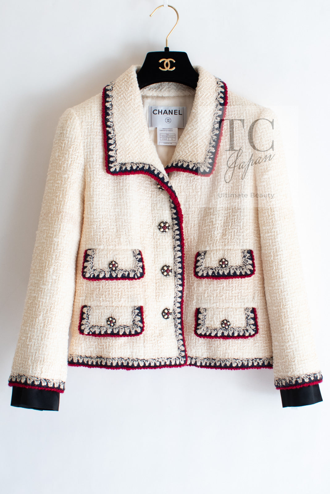 CHANEL 06PF Limited Cream Ivory Trim Wool Silk Tweed Jacket Skirt Suit 36 38 シャネル クリーム ブラック レッド ウール シルク ツイード ジャケット スカート スーツ 即発
