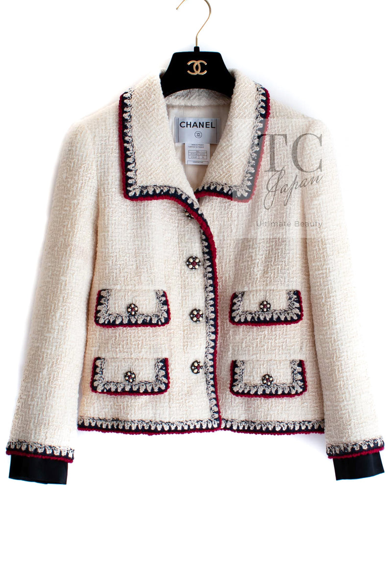 CHANEL 06PF Limited Cream Ivory Trim Wool Silk Tweed Jacket Skirt Suit 36 38 シャネル クリーム ブラック レッド ウール シルク ツイード ジャケット スカート スーツ 即発