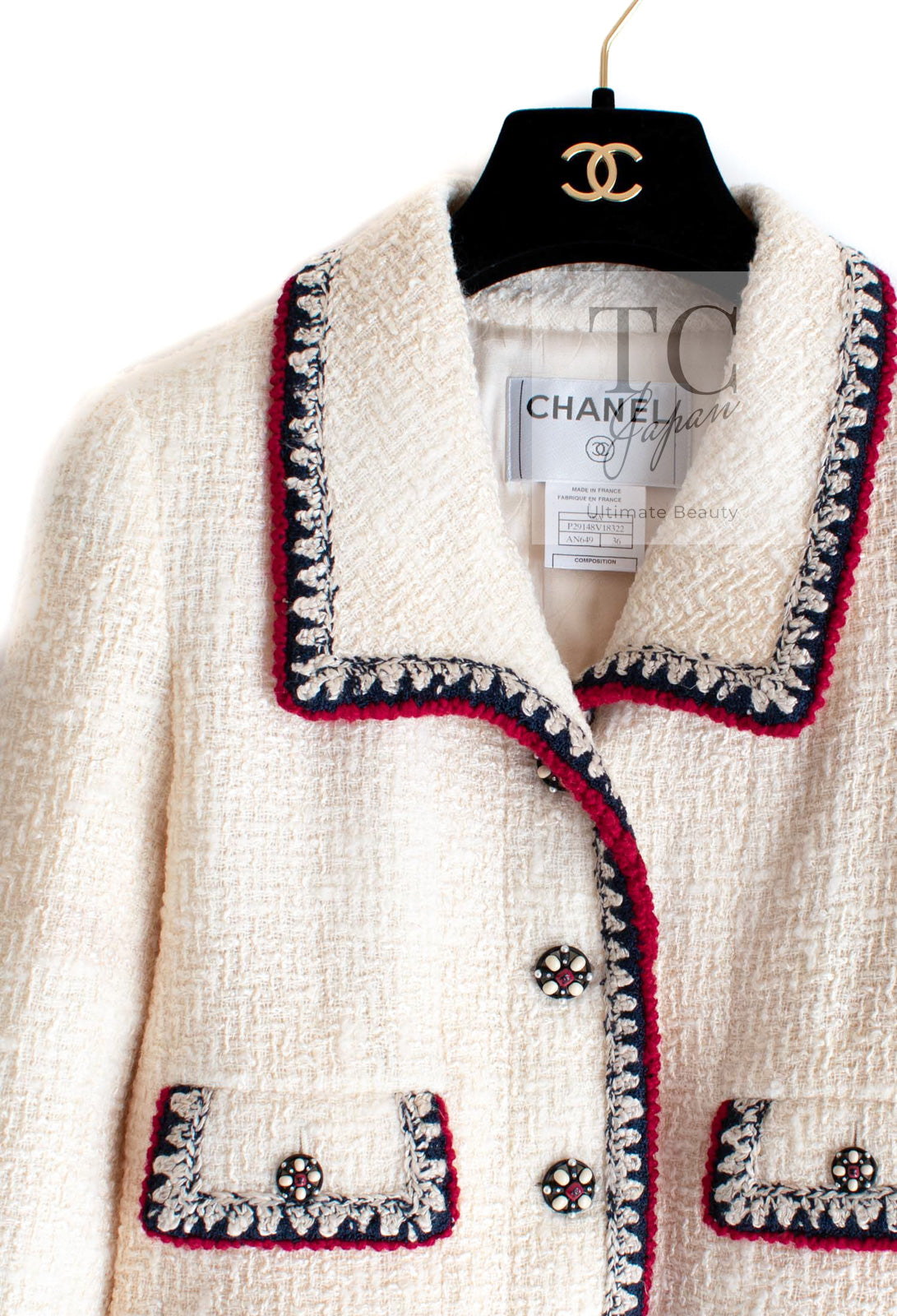 CHANEL 06PF Limited Cream Ivory Trim Wool Silk Tweed Jacket Skirt Suit 36 38 シャネル クリーム ブラック レッド ウール シルク ツイード ジャケット スカート スーツ 即発
